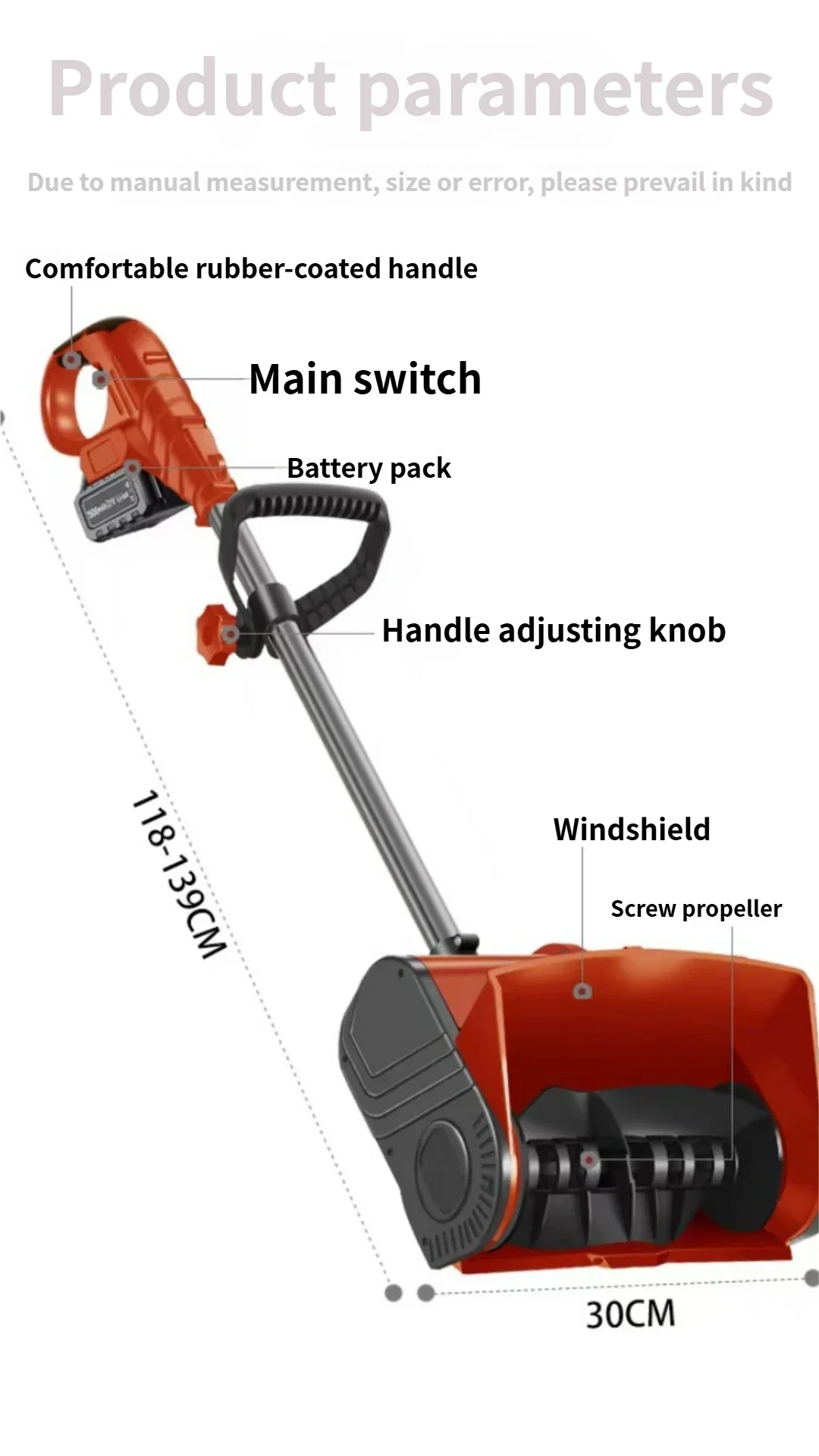 Lithium battery-powered electric push snowblower, home snow removal, foldable snow shovel