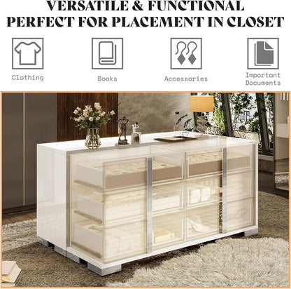 Modern Storage Chest of Drawers with Wide Tabletop, 54" W High Gloss 6 Drawers Dresser with Silver Grooved Handles.