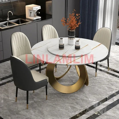 Dining Room furniture, sintered stone Table, Featuring Leather Chairs and Stainless Steel Design.