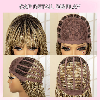 Short 14" Bob Braided Wig | Curly Knotless Box Braids | Synthetic Machine Made Wig | For Black Women
