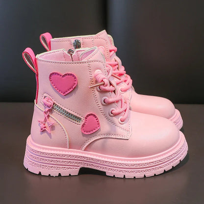 Kids Fashion Rubber Boots Cool Girl Autumn and Winter Cotton Soft Sole Pink with Love Side Zip Princess Round-toe PU Girls Boots