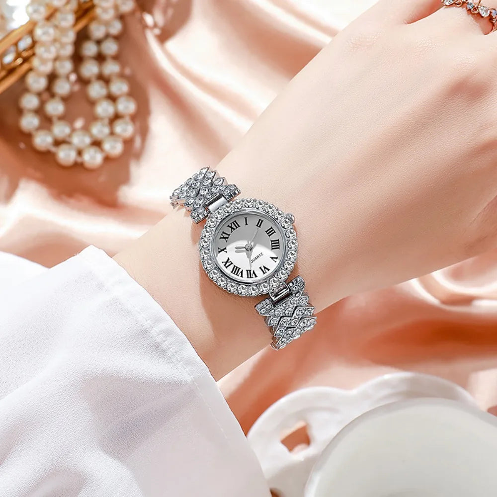 5pcs Elegant Rhinestone Women Watches, Fashion Roman Dial, Bracelet Band, Quartz Wristwatch Jewelry Set.