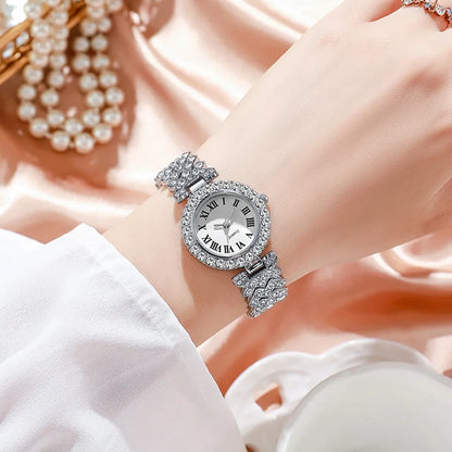 5pcs Elegant Rhinestone Women Watches, Fashion Roman Dial, Bracelet Band, Quartz Wristwatch Jewelry Set.