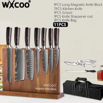Damascus Steel Kitchen Knives VG10 Steel Fish Boning Knife Meat Cleaver Fruit Utility Cutter with Long Magnetic Knife Block