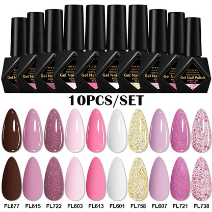 10pcs 10ml Gel Nail Polish Set, HEMA TPO Free, Red ,Coffee Brown, Semi Permanent Soak Off ,UV Gel Varnish For Winter Nail Supplies.