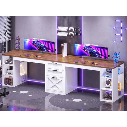 96.5" Farmhouse Computer Desk with Drawers, 2 Person Home Office Double Desk with Storage.