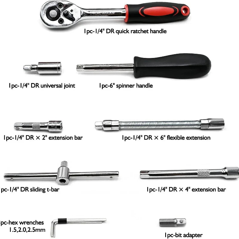 46pcs/Set Socket Wrench Diy Repair Tool Kit, Ratchet Screwdriver for Car Repair Hardware Toolbox for Auto Repairing and Household.