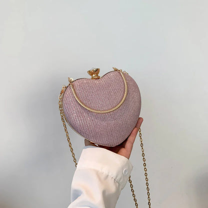 Shiny Heart Shape Metal Evening Clutch Bag for Women | Fashion Chain Shoulder Crossbody Bag (Luxury Lady Purse)