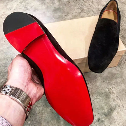 New Red Bottom Shoes for Men, Loafers, Flock, Solid Slip-On Dress Shoes Size 38-48.