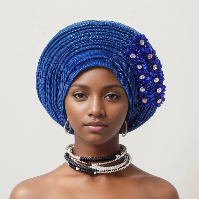 Red Multi-Layered, Turban Hat African Fan Shaped Head Wraps ,Pleated Headwear With Crystal.