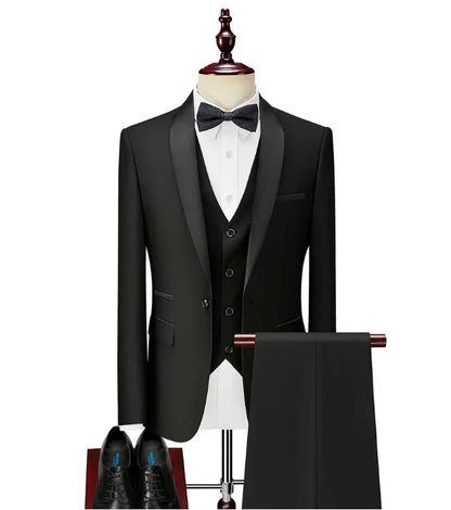Black White Men Three Pieces Set, Large Size Male Blazer Pants and Vest.