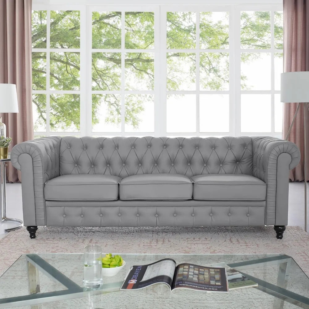 2pc Modern Tufted Faux Leather Living Room Sofa Set With Button & Nailhead Trim Scroll Arms, Grey, Customized