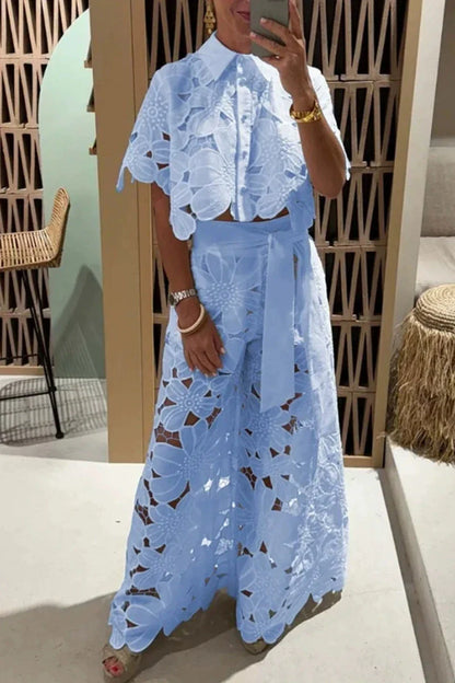 Women Set Short Sleeved Blouse Tops + Tie-up Pants Two Piece set Lace Outfit .