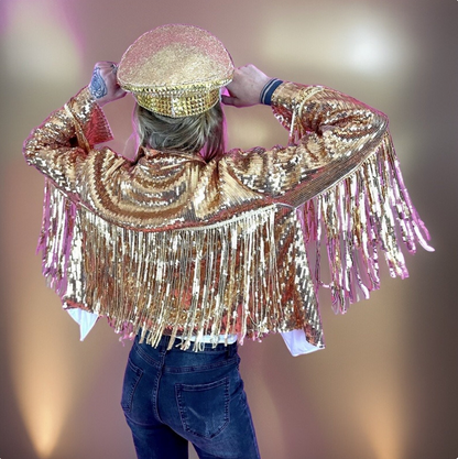 Unisex Gold Sequin Jacket, Disco Jacket, Vintage Fringed Coat, Boho Tinsel Jacket with Tassels, Western Jacket, Bohemian Party Jacket