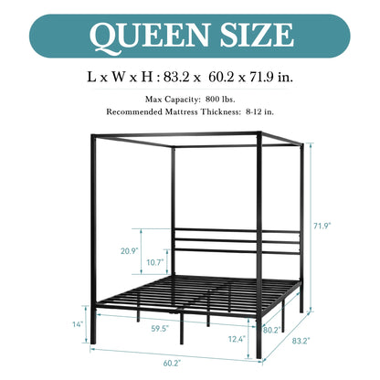 Canopy Bed Frame 4-Poster 3-Metal Crossbar, No Box Spring Needed