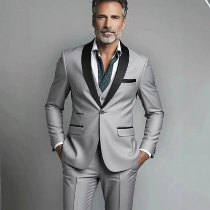 Black White Men Three Pieces Set, Large Size Male Blazer Pants and Vest.
