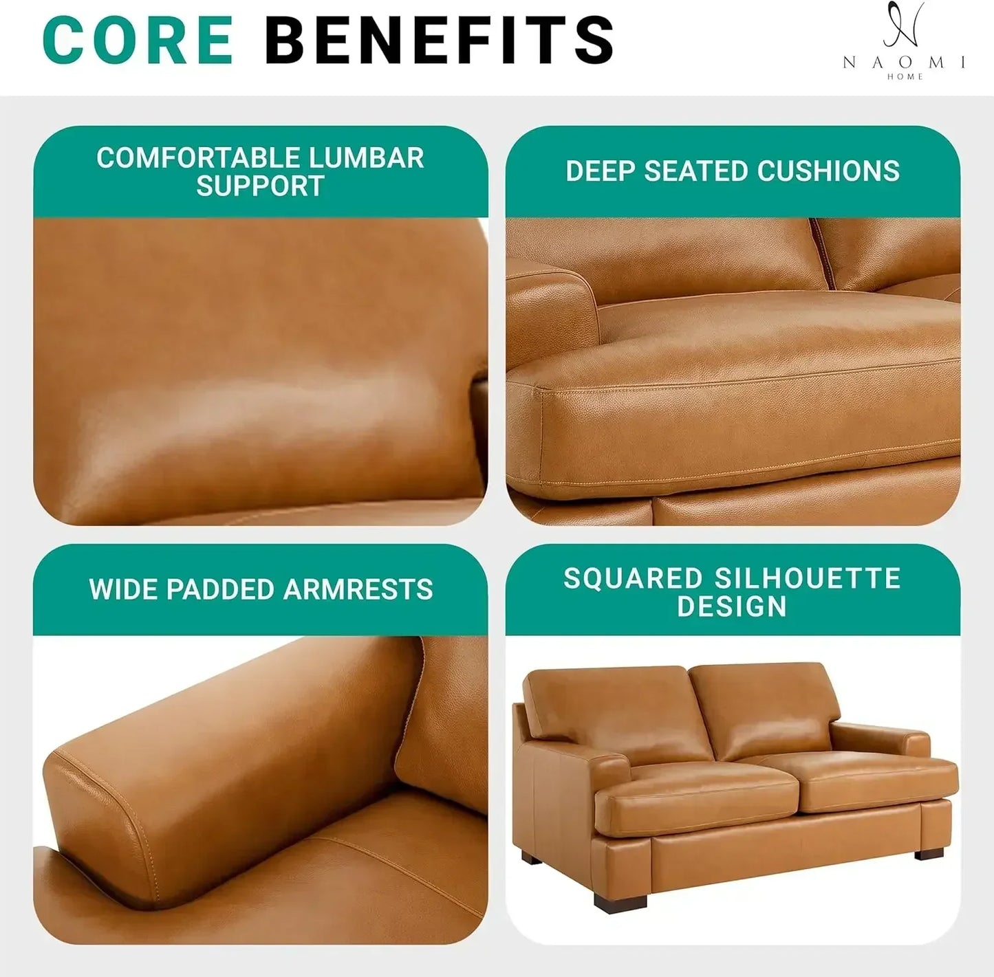 Genuine Leather Sofa Set of 3, Luxurious Comfortable Goose Feather Cushion Filling, Square Arm Design.