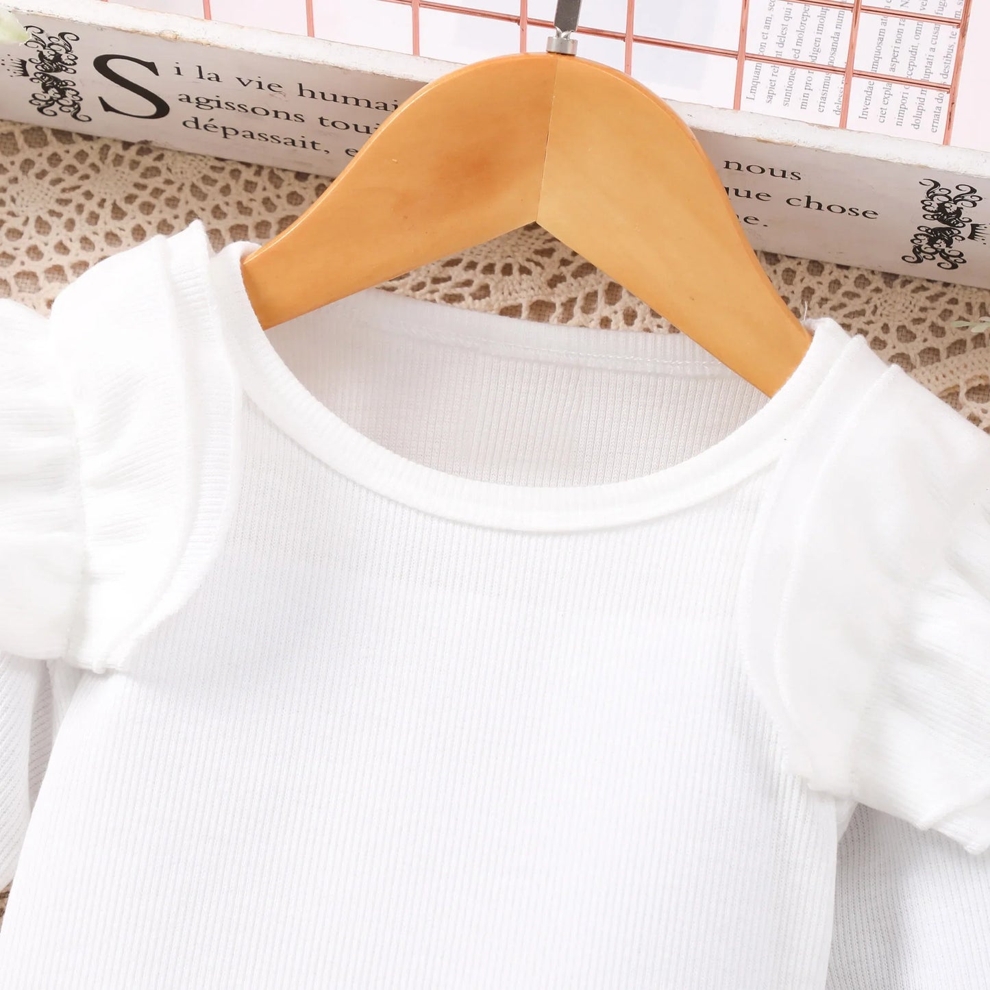 Girl's neat color long sleeved round neck, elastic waist skirt pants set.