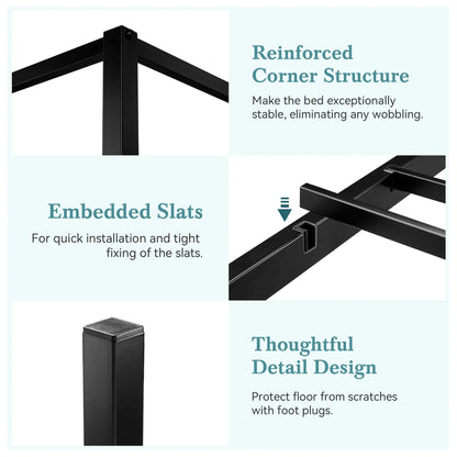 Canopy Bed Frame 4-Poster 3-Metal Crossbar, No Box Spring Needed