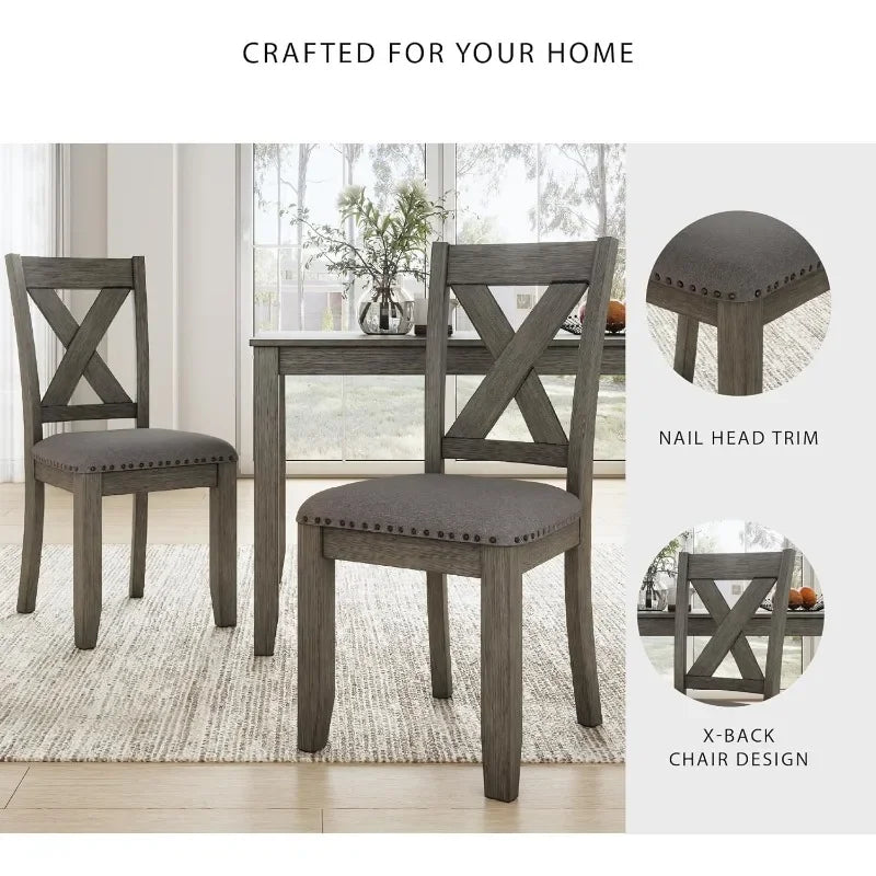 Rustic 7-Piece Dining Set, Gray Rectangular Table, with 6 Upholstered X-Back Chairs, Farmhouse Design.