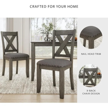 Rustic 7-Piece Dining Set, Gray Rectangular Table, with 6 Upholstered X-Back Chairs, Farmhouse Design.