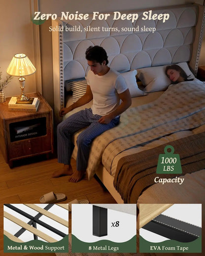 King Size Bed Frame with 56" Headboard - 1000LBS Capacity Support, Velvet Upholstered Wingback Platform Bed Frame.