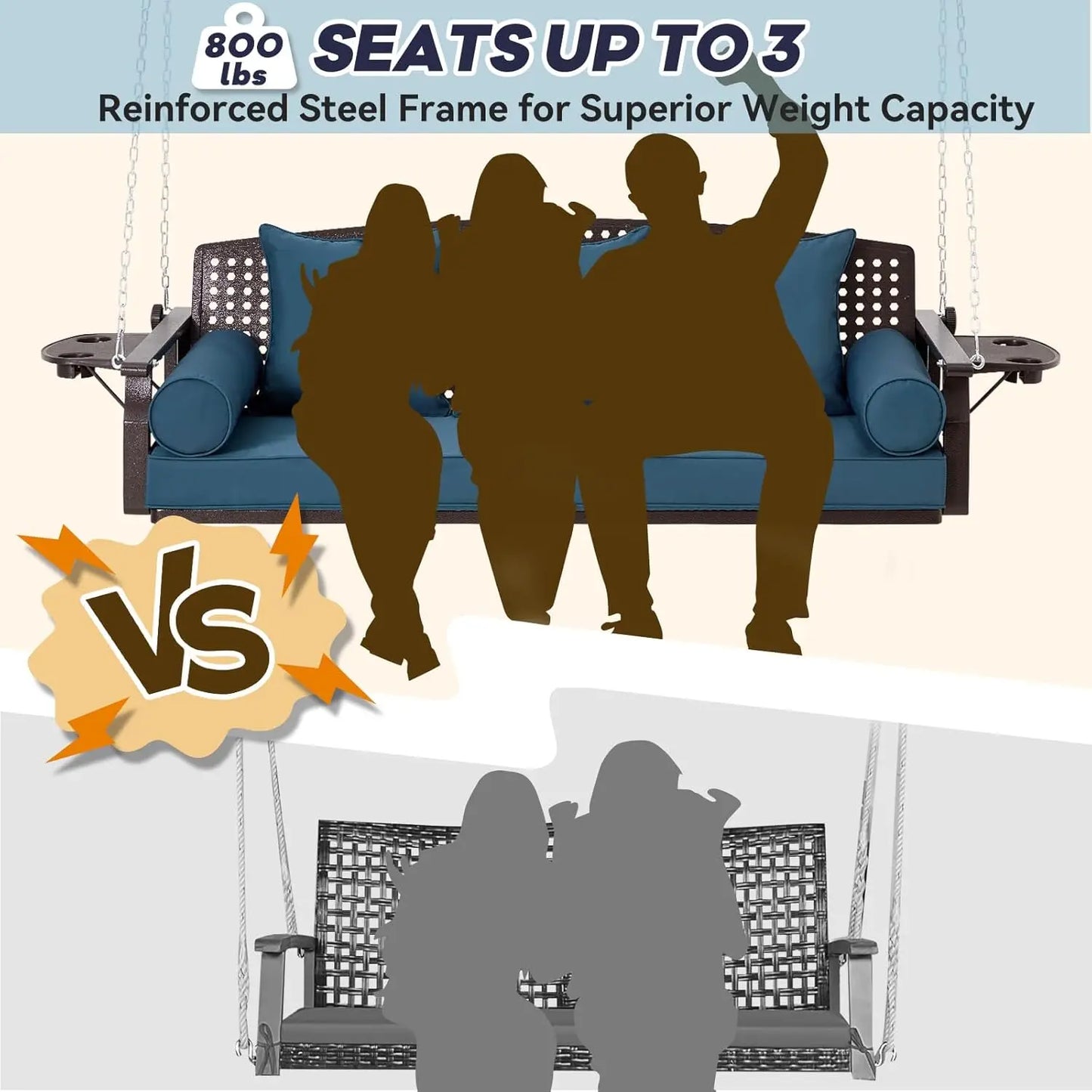 Brown Seagrass Rattan 3 Seat Porch Swing Blue Cushions Cup Holders Chains Deck Garden Backyard