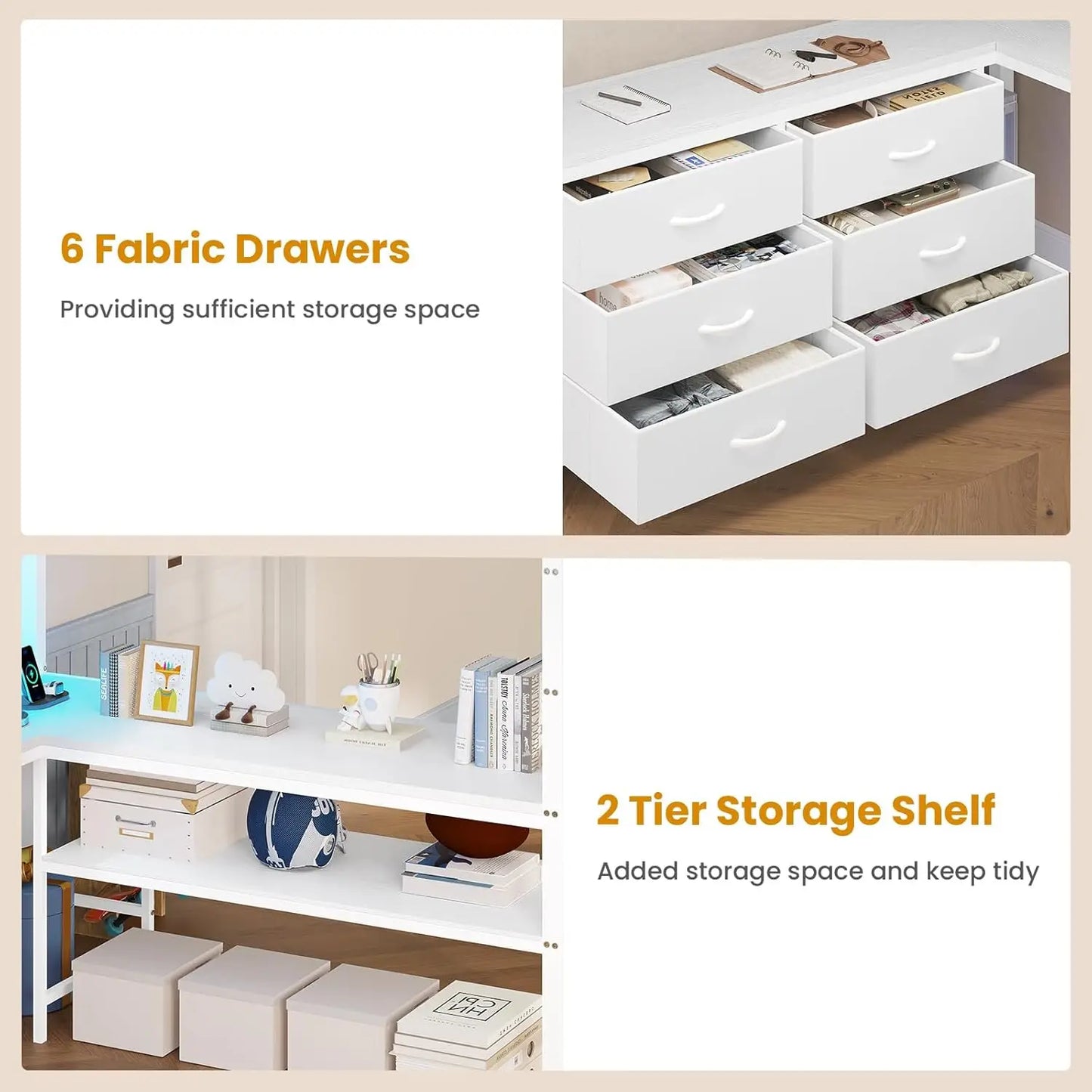 Loft Bed Full Size with U-Shaped Desk, 6 Storage Drawers, Power Outlet, LED.
