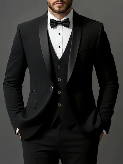 Men 3pcs Suit Set, Jacket + Vest + Pants, Fashionable High-Quality, Formal Attire.
