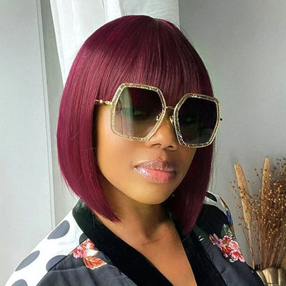Rebecca Orange Blonde & 99J Red Straight Bob Wig with Bangs | Human Hair Machine Made
