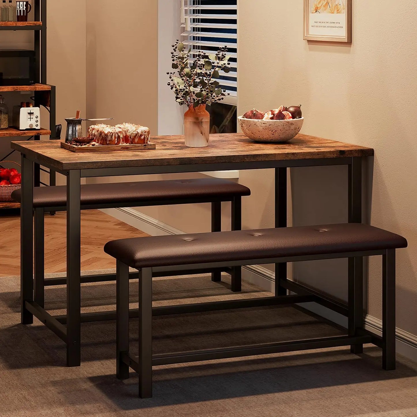 Brown Dining Table Set for 4 Upholstered Benches, 3pcs/set