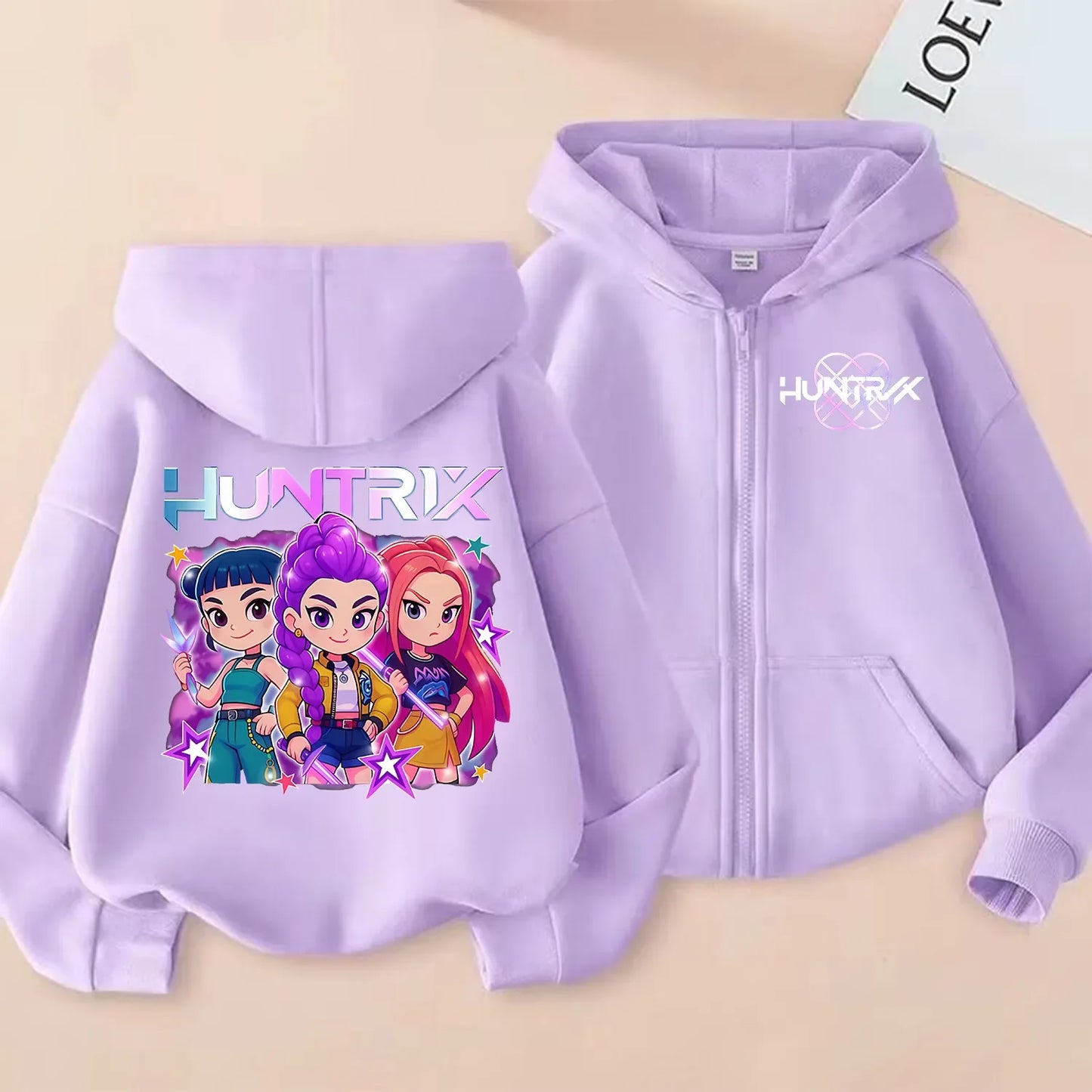 Demon Hunters Zipper Hoodie Cartoon Girls Coat, Fashion Thin Clothes Purple Hoodie Jacket Kids Sweatshirt.