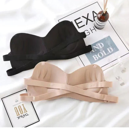 Sexy Backless Invisible Push Up for Women, Seamless Black Strapless Bra.