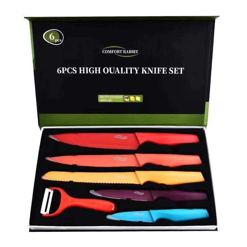 Kitchen knife set, stainless steel non-stick knife, black-edged marble, rose gold six-piece set, 2025 explosion.