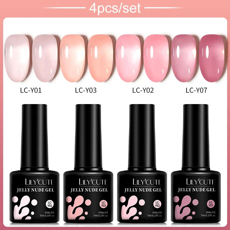 LILYCUTE 4/5Pcs/Set 7ML Nude Pink Gel Nail Polish, and Translucent Jelly Nail Art Gel, Semi Permanent Design Manicure Set.