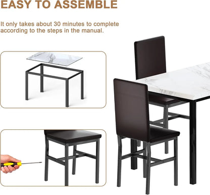 Dining Table Set for 4, Modern Kitchen & Dining Room Sets, Faux Marble Table with 4 Leather Chairs.