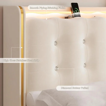 Upholstered Full Led Bed Frame with Charging Station and Storage Drawers Velvet Princess.