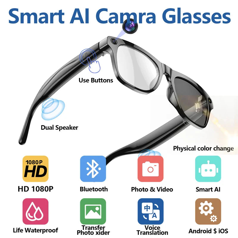 4K HD Color Changing AI Smart Glasses, Chat GPT,100MP Camera, Bluetooth, Call Voice Assistant Control, Smart Glasses 2026 New.