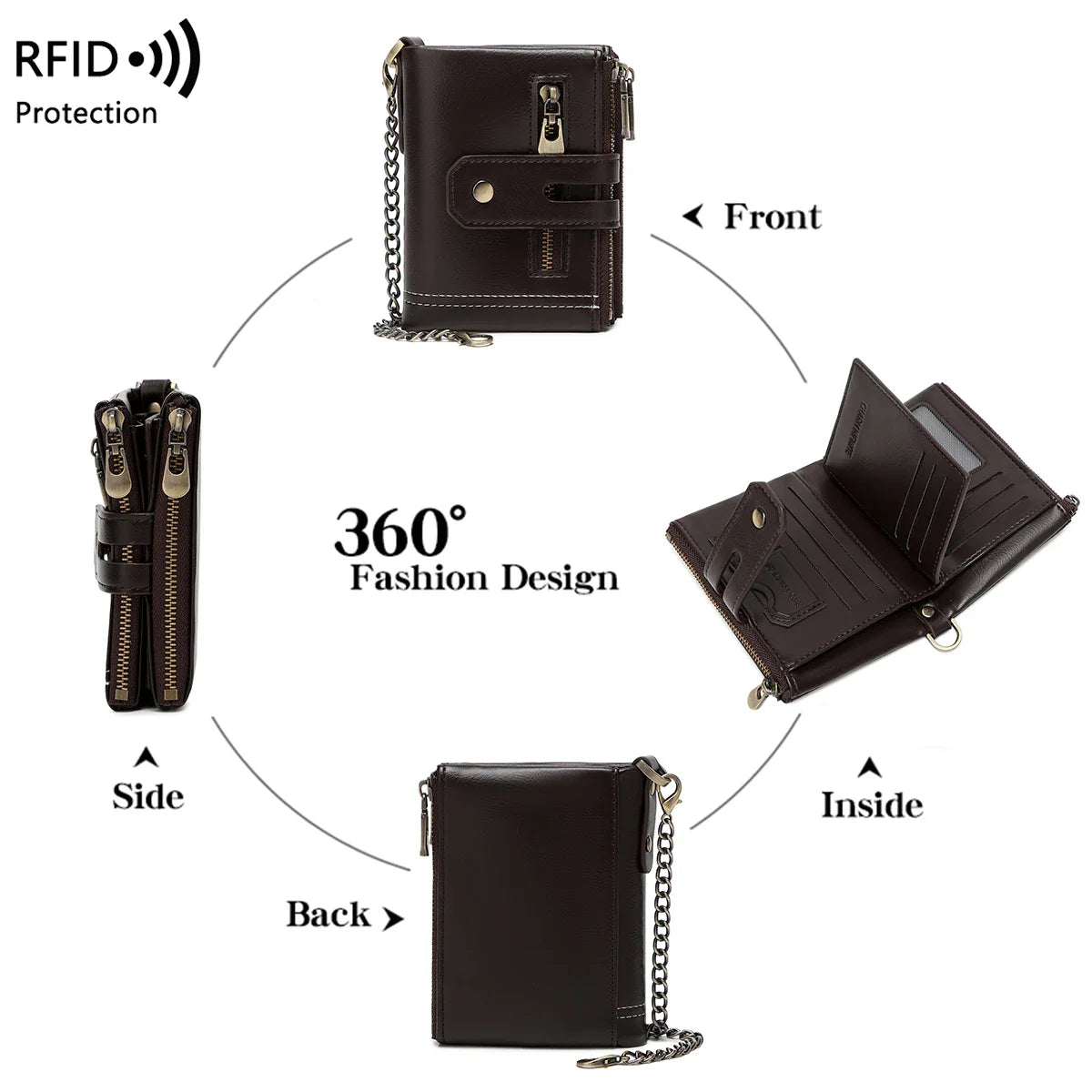 Double Zipper Wallet for Men, Multi-Card, Three-Fold Wallet with Chain.