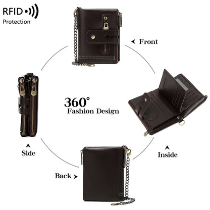 Double Zipper Wallet for Men, Multi-Card, Three-Fold Wallet with Chain.