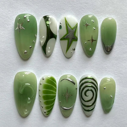 24Pcs Mid-length Almond Press on Fake Nails,3D Ripple Heart ,Pearl Star, Blue Smudge Detachable Full Cover Nails Tips.