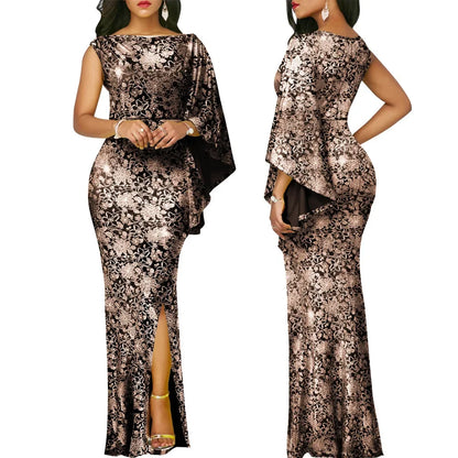 Women Dress Elegant Flower Party Dress, Off the Shoulder Short Sleeve, Slit Maxi Long Dresses for Woman.