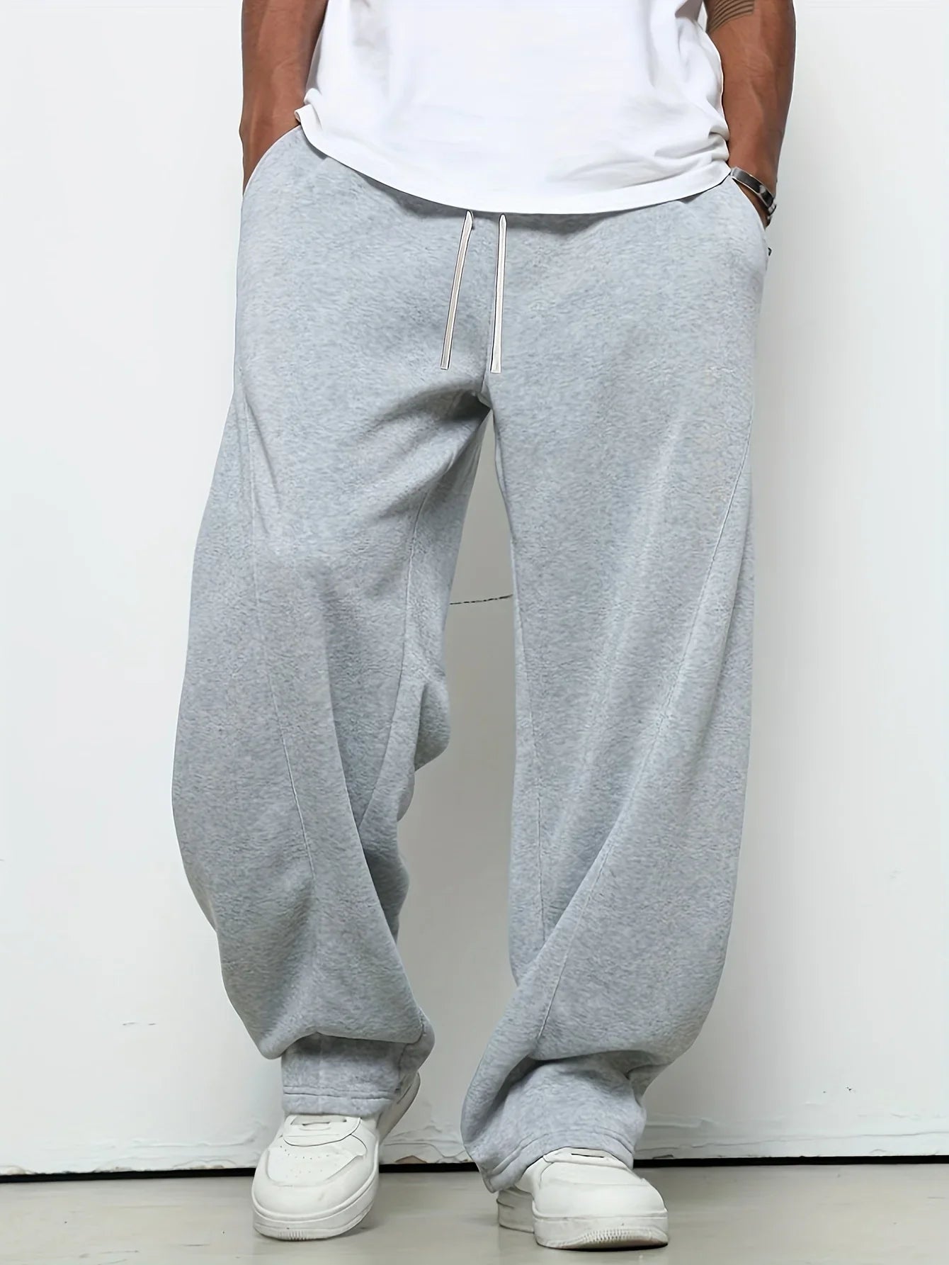Men heavy breathable sports jogging pants, elastic drawstring waist loose casual trousers.