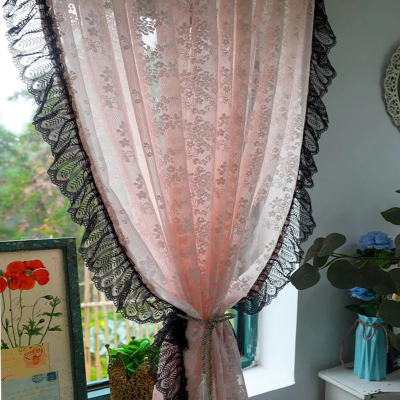 Vintage Black Lacework with Pink Jacquard Sheer Floral Curtains.