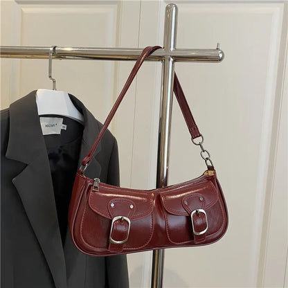 Fashion Pu Leather Women's Shoulder Bag, Small Double Pocket Design Ladies Underarm Bags Y2k. Vintage Female Handbags Clutch Purse
