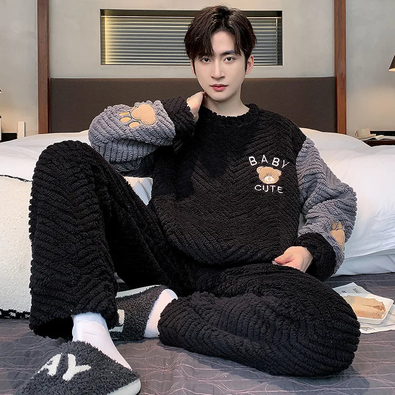 Thickened Warm Plus Size Men’s Pajamas, Autumn and Winter  Nightwear.