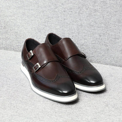 Luxury Men's Double Buckle Monk Strap Flats | Genuine Leather Casual Walk Shoes (Dark Brown, Black)