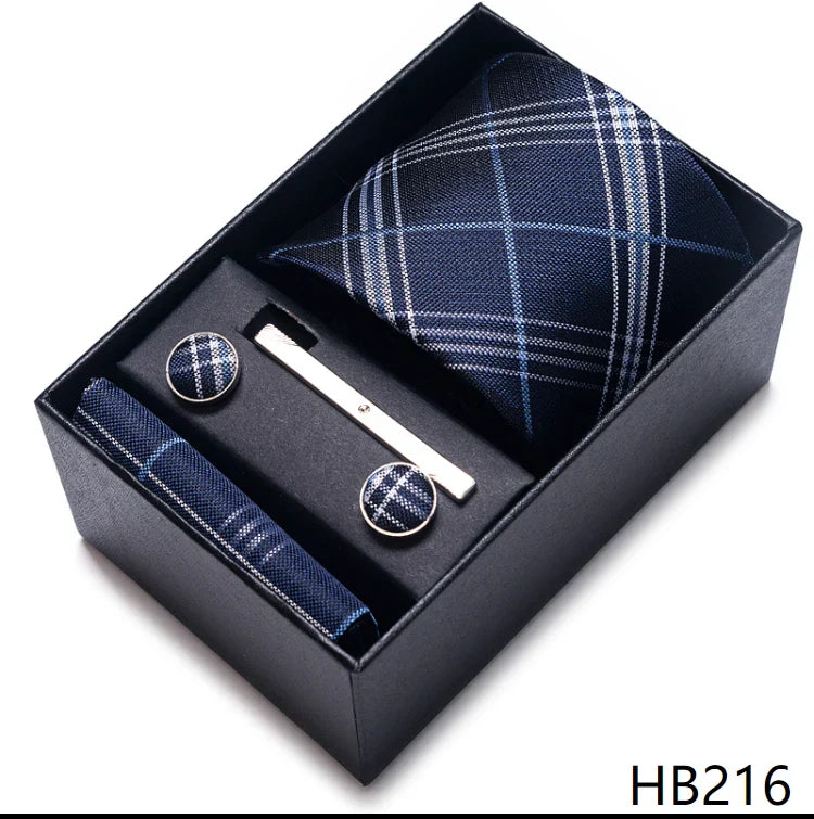 8 cm Wide Tie Sets Blue Solid Men's Neck Tie Handkerchief Cufflinks Clip Gift Silk Handmade