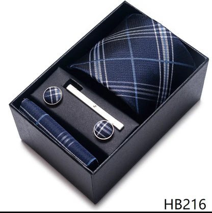 8 cm Wide Tie Sets Blue Solid Men's Neck Tie Handkerchief Cufflinks Clip Gift Silk Handmade