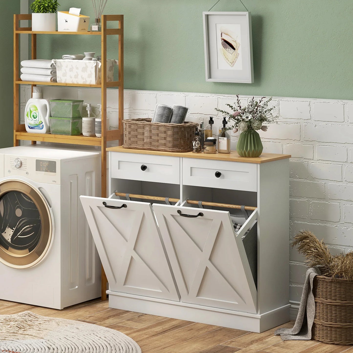 Tilt Out Laundry Hamper Cabinet, with 2 Baskets and 2 Drawers, White.
